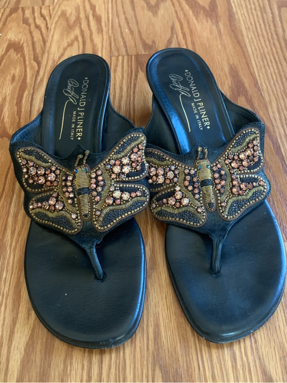 Donald J. Pliner Black Sandals with Bronze Beaded Butterfly Embellishments
